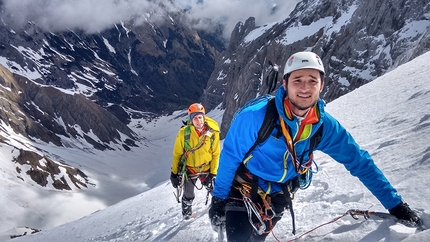 Monte Cogliàns, Carnic Alps, Mirco Grasso, Claudio Betetto, Luca Iacolettig - Moving onto the upper snowfield, during the first ascent of 'Altro che in Scozia' (Claudio Betetto, Mirco Grasso, Luca Iacolettig 15/05/2016) Monte Cogliàns north face, Carnic Alps