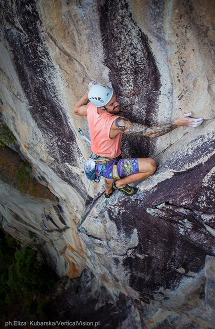 Dragon Horns, Tioman Island, Malaysia, David Kaszlikowski, Jonas Wallin - Jonas Wallin redpointing pitch 4 of 'Fever Dreams', Mumbar cliff,  Dragon Horns massif, Tioman island, Malaysia