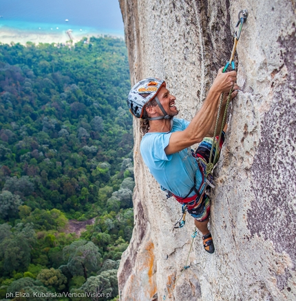 Dragon Horns, Tioman Island, Malaysia, David Kaszlikowski, Jonas Wallin - David Kaszlikowski climbing the last moves on the 6th pitch of 'Fever Dreams', Mumbar cliff,  Dragon Horns massif, Tioman island, Malaysia