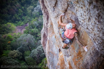 Dragon Horns, Tioman Island, Malaysia, David Kaszlikowski, Jonas Wallin - Jonas Wallin redpointing pitch 6 of 'Fever Dreams', Mumbar cliff,  Dragon Horns massif, Tioman island, Malaysia