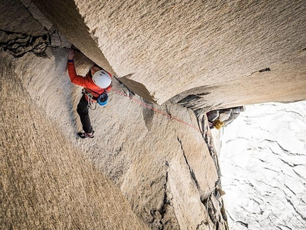 Riders on the Storm, Torres del Paine, Patagonia, Ines Papert, Mayan Smith-Gobat, Thomas Senf - Ines Papert climbing pitch 25 of Riders on the Storm, Torres del Paine, Patagonia, established in 1991 by Kurt Albert, Bernd Arnold, Norbert Bätz, Peter Dittrich and Wolfgang Güllich