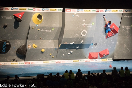 Bouldering World Cup 2016, Innsbruck - Tomoa Narasaki during the fifth stage of the Bouldering World Cup 2016 at Innsbruck