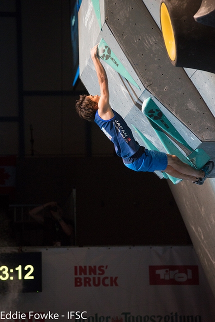 Bouldering World Cup 2016, Innsbruck - Tomoa Narasaki during the fifth stage of the Bouldering World Cup 2016 at Innsbruck