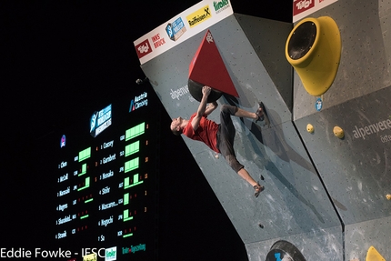 Bouldering World Cup 2016, Innsbruck - Rolands Rugens during the fifth stage of the Bouldering World Cup 2016 at Innsbruck