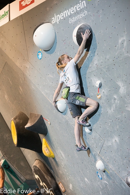 Bouldering World Cup 2016, Innsbruck - Janja Garnbret during the fifth stage of the Bouldering World Cup 2016 at Innsbruck