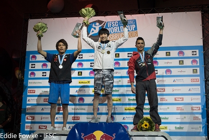 Bouldering World Cup 2016, Innsbruck - 2. Tomoa Narasaki 1. Jongwon Chon 3. Sean McColl, male podium of fifth stage of the Bouldering World Cup 2016 at Innsbruck