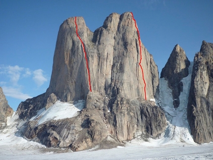 Baffin Island - North Face of Asgard North Tower. Left: the Porter route (Charlie Porter, 1975, solo VII, 5.10+ A4). Right: the Belgarian