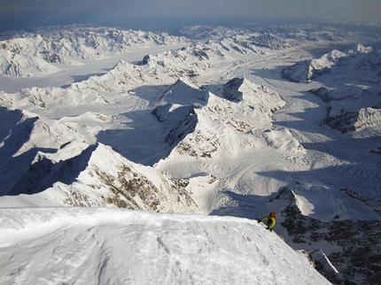 Mt. Foraker, Sultana, Alaska, Infinite Spur, Colin Haley, alpinism - Infinite Spur: Rob Smith on the upper slopes of the route, shortly before it turns to oxygen-limited hiking