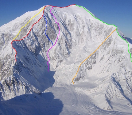 Mt. Foraker, Sultana, Alaska, Infinite Spur, Colin Haley, alpinism - The SE Face of Sultana, showing all established routes.  GREEN: Southeast Ridge (bottom not shown), 1963, 10,400 ft. RED: French Ridge, 1976, 10,800 ft. YELLOW: Infinite Spur (bottom not shown), 1977, 9,000 ft. PINK: False Dawn, 1990, 10,400 ft. ORANGE: Viper Ridge, 1991, 6,000 ft. (climbed only to junction with SE Ridge) BLUE: Dracula, 2010, 10,400 ft.