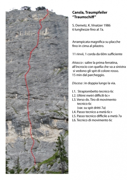 Traumschiff, Traumpfeiler, Cansla, Meisules dla Biesces, Dolomiti - Traumschiff (7a, 150m, Simon Demetz, Karl Vinatzer 1986) Cansla,  Meisules dla Biesces, Dolomiti