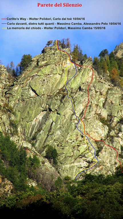 Parete del Silenzio, Valle del Lys, Valle di Gressoney, arrampicata - La Parete del Silenzio, Valle del Lys, Valle di Gressoney con le tre vie Carlito’s Way, Carlo davanti, dietro tutti quanti e La memoria del chiodo,