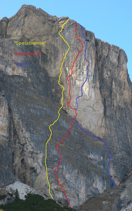 Hart aber Fair, Piz dla Dorada, Alta Badia, Dolomites, Simon Gietl, Simon Oberbacher - Yellow: Spaßbremse. Red: Hart aber Fair. Blue: Neolit Piz dla Dorada, Alta Badia, Dolomiti