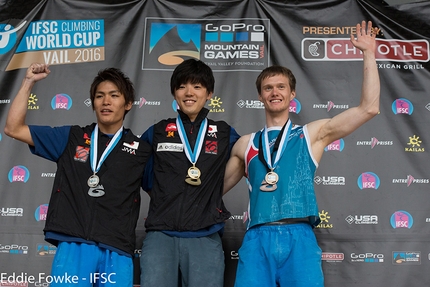 Bouldering World Cup 2016, Vail - Tomoa Narasaki, Kokoro Fujii and Alexey Rubtsov, male podium at Vail, USA