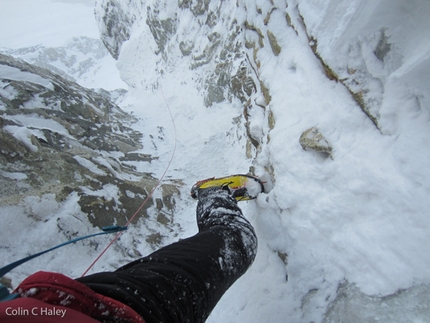 Mt. Foraker, Sultana, Alaska, Infinite Spur, Colin Haley, alpinism - Climbing the second crux of the “Black Band.”