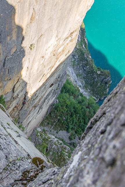 Preikestolen, Pulpit rock, Norway, climbing - Jon Egil Auestad and Øyvind Salvesen making the first ascent of #Norwegianstyle (200m, 7a+), Preikestolen, Norway