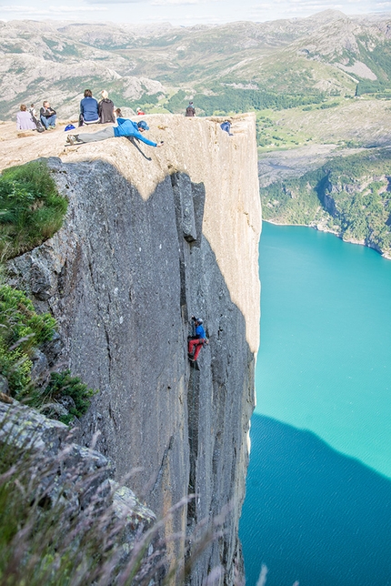 Preikestolen, Pulpit rock, Norway, climbing - Jon Egil Auestad and Øyvind Salvesen making the first ascent of #Norwegianstyle (200m, 7a+), Preikestolen, Norway