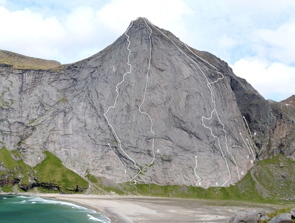 Helvetestinden Wall, Lofoten Islands, Norway, Guillermo Cuadrado, Gerber Cucurell, Jordi Esteve, Salvador Llorens  - Helvetestinden Wall, Lofoten Islands, Norway. 1. Left Aproximation, 6- 2. Terra i Mar, 7- 3. Helvetesvegen / Russian team A3 4. Attempt 5. Noensfoten, 7- 6. Tiket to Greenland, 6+ 7. French Pillar / The next best thing, 6+ 8. Norwegian Sheep Ranch, 7 9. Tradicionarius, 7-