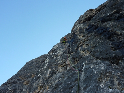 Doctor Scintilla, Piz Ciavazes, Gruppo del Sella - Dolomiti, Ivo Ferrari - Durante una ripetizione della via Doctor Scintilla (350m, max 7°-), Piz Ciavazes