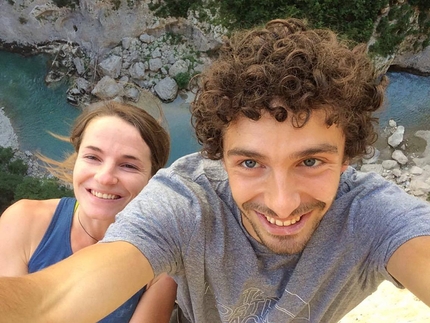 Barbara Zangerl, Jacopo Larcher, Verdon - Barbara Zangerl and Jacopo Larcher on Golden Shower (150m, 8b+), lthe route freed by Stefan Glowacz in 2012 in the Verdon Gorge, France