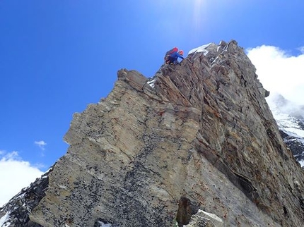 Gangstang NW Ridge, Himalaya, India, Malcolm Bass, Guy Buckingham - Malcolm Bass on the First Tower on the first day on the ridge.