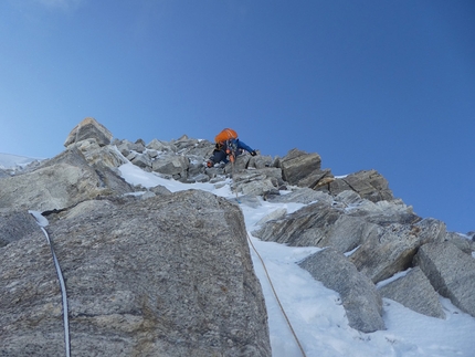 Gangstang NW Ridge, Himalaya, India, Malcolm Bass, Guy Buckingham - Guy Buckingham on the Grey Tower on the second day on the ridge. 