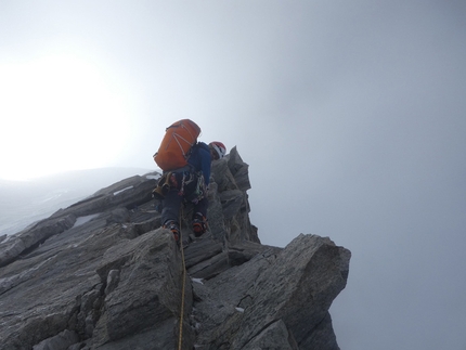 Gangstang NW Ridge, Himalaya, India, Malcolm Bass, Guy Buckingham - Guy Buckingham on the Grey Tower on the second day on the ridge. 