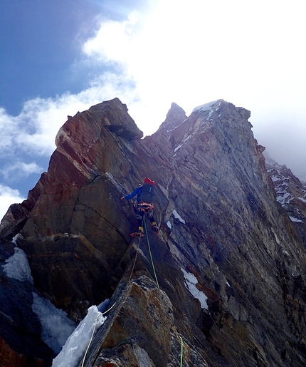 Gangstang NW Ridge, Himalaya, India, Malcolm Bass, Guy Buckingham -  Malcolm Bass getting to grips with the First Tower on the first day on the ridge 