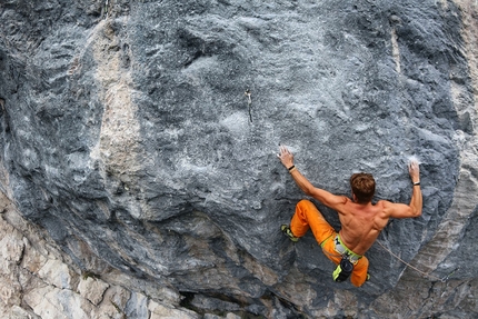 Pirmin Bertle, Meiose, Charmey - Pirmin Bertle making the first ascent of Meiose 9b at Charmey, Switzerland