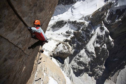 Eternal Flame, Nameless Tower, Trango, Karakorum, Pakistan - Alexander Huber climbing pitch 15 of Eternal Flame, Nameless Tower, Trango, Karakorum, Pakistan