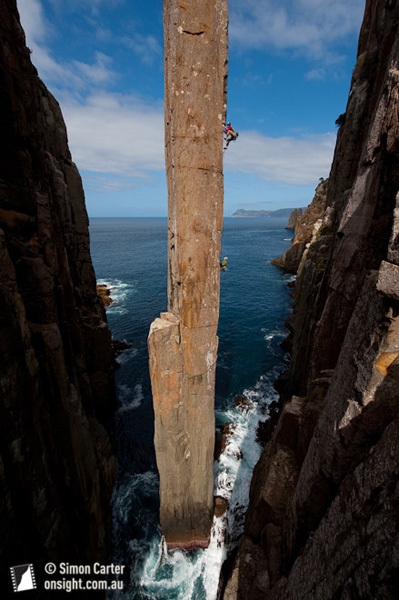 Totem Pole - Doug McConnell and Dean Rollins freeing the original Ewbank route on the Totem Pole, the extraordinary 65m sea stack at Cape Hauy, Tasmania, Australia.