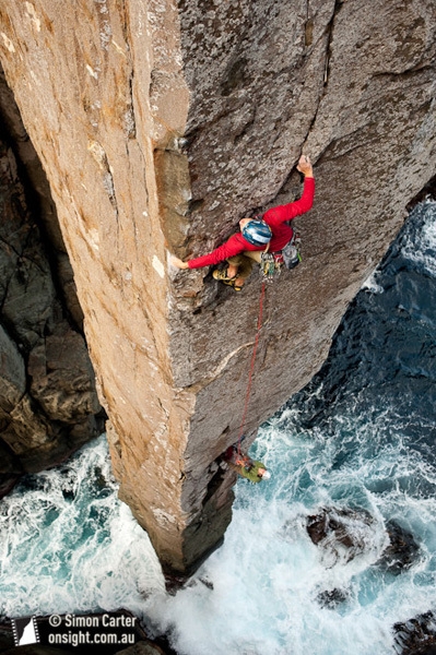 Totem Pole - Doug McConnell and Dean Rollins freeing the original Ewbank route on the Totem Pole, the extraordinary 65m sea stack at Cape Hauy, Tasmania, Australia.