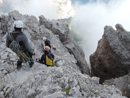 Tre Cime Di Lavaredo, Dolomites, Urko Barandiaran, Juan Antonio Bellido Ramos - Urko Carmona Barandiaran descending from Via Comici Cima Grande, Tre Cime Di Lavaredo, Dolomites