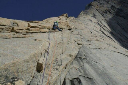 Sean Villanueva, Matteo Della Bordella, Nicolas Favresse, Luca Schiera and Matteo De Zaiacomo on the summit of Great Sail Peak, Stewart Valley, Baffin Island - Nico Favresse establishing his latest route in Stewart Valley.