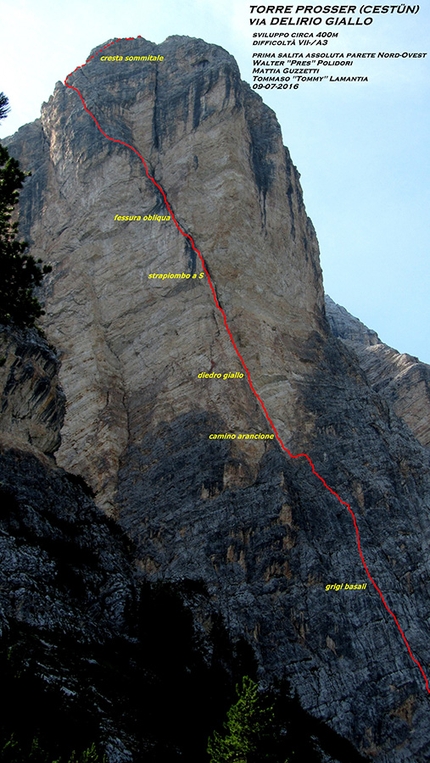 Via Delirio Giallo, Torre Prosser, Cestün, Sasso delle Dieci, Cunturines, Dolomiti, Walter Polidori - Il tracciato della via Delirio Giallo, Torre Prosser, Sasso delle Dieci