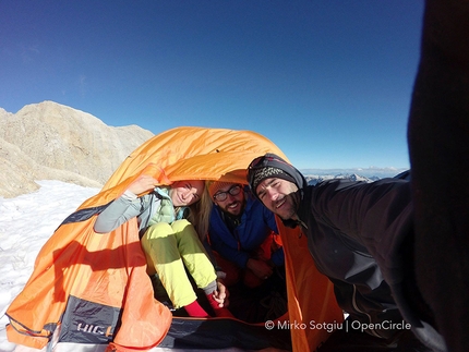 Federica Mingolla, Via Attraverso il Pesce, Fish route, Marmolada, Dolomites - Federica Mingolla, Roberto Conti and Mirko Sotgiu the day after she became the first woman to lead the entire Via Attraverso il Pesce (Fish route) on the South Face of Marmolada, Dolomites. Her climbing partner was Roberto Conti.