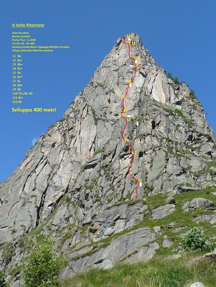 Punta Phuc, Monte Castello, Vallone di Noaschetta, Gruppo del Gran Paradiso - A volte ritornano (400m, 7a+, Andrea Giorda, Mario Ogliengo, Michele Amadio, Filippo Ghilardini, Martina Mastria), Cima Monte Castello Punta Phuc