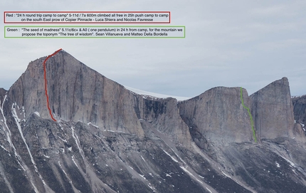 Baffin Island, Canada, Nicolas Favresse, Sean Villanueva, Matteo Della Bordella, Matteo De Zaiacomo, Luca Schiera - Red: East prow of Copier Pinnacle ’24 h round trip camp to camp’ (5-11d / 7a 600m, Nicolas Favresse, Luca Schiera). Green: The tree of wisdom ‘The seed of madness’ (5.11c/6c+ & A0, Matteo Della Bordella, Sean Villanueva).