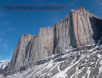 Baffin Island, Canada, Nicolas Favresse, Sean Villanueva, Matteo Della Bordella, Matteo De Zaiacomo, Luca Schiera - Catacomb, Citadel, Stewart Valley. 5.12a OW 900m climbed all free in a 32 h push camp to camp on the very right end of the Citadel, Stewart Valley, Sean Villanueva and Nicolas Favresse.