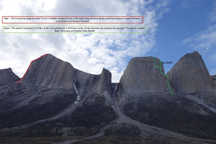 Baffin Island, Canada, Nicolas Favresse, Sean Villanueva, Matteo Della Bordella, Matteo De Zaiacomo, Luca Schiera - Red: East prow of Copier Pinnacle ’24 h round trip camp to camp’ (5-11d / 7a 600m, Nicolas Favresse, Luca Schiera). Green: The tree of wisdom ‘The seed of madness’ (5.11c/6c+ & A0, Matteo Della Bordella, Sean Villanueva).