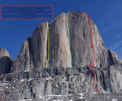 Baffin Island, Canada, Nicolas Favresse, Sean Villanueva, Matteo Della Bordella, Matteo De Zaiacomo, Luca Schiera - Great Sail Peak, Stewart valley. Red: Coconut connection (5.12d/7c  700m + 350m, Matteo Della Bordela, Sean Villanueva, Nicolas Favresse, Matteo 