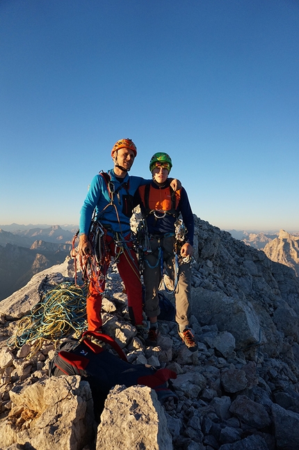 Civetta, Tom Ballard, Marcin Tomaszewski, Dolomites - Marcin Tomaszewski and Tom Ballard on the summit after having made the first ascent of 'Dirty Harry' (VII, 1375m, 24-25/08/2016) up the NW Face of Civetta, Dolomites.