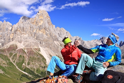 Pinne gialle, Andrea De Giacometti, Tognazza - Andrea De Giacometti and Maurizio 'Manolo' Zanolla celebrating after the repeat of 'Pinne gialle' (8b/c, 120m, Zanolla 2014) at Tognazza, Passo Rolle (TN)