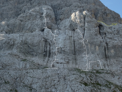 Creta Forata, Alpi Carniche - Creta Forata, Alpi Carniche: Il valzer dello strangolino (6b, 200m Emiliano Zorzi, Umberto Iavazzo, Gianluca Barnaba 2016) e Naty per scalare (6b, 200m, Emiliano Zorzi, Umberto Iavazzo, 2015)