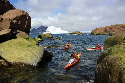 Apostel Tommelfinger West Face, Greenland, Christian Ledergerber, Fabio Lupo, Antoine Moineville, Silvan Schüpbach, Jerome Sullivan - Sea kayak approach, before making the first ascent of Metrophobia up the West Face of Apostel Tommelfinger in Greenland