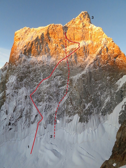 Scott Adamson, Kyle Dempster, Ogre 2, Pakistan - The line of the 2015 attempt, carried out by Scott Adamson and Kyle Dempster, up the North Face of Ogre II, Pakistan. The north face of Ogre II. (1) The Adamson- Dempster attempt. (2) The descent route, with (R) marking the site of the anchor failure.