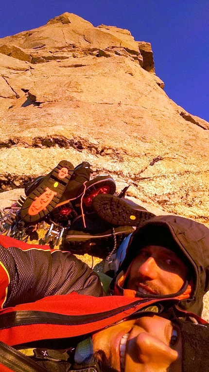 High pressure over Mont Blanc, Giovanni Zaccaria, Alice Lazzaro - Giovanni Zaccaria, Alice Lazzaro and the Chandelle lit up at dawn (Central Pillar of Freney, Bonington route)