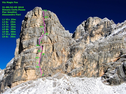 Magic Fox, Torre dei Sabbioni, Marmarole, Dolomiti, Alessandro Fiori, Pier Francesco Smaltini, Simone Corte Pause - Magic Fox (7a+, 6c obblig, 250m Alessandro Fiori, Pier Francesco Smaltini, Simone Corte Pause 2016), Torre dei Sabbioni, Marmarole, Dolomiti