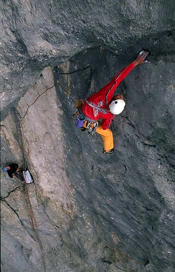 Pietro Dal Prà, Marmolada, Dolomites - Pietro Dal Prà making the first free ascent of Via della Cattedrale, Marmolada, Dolomiti