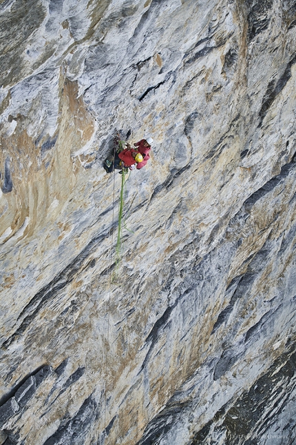 Eiger, Roger Schaeli, Mayan Smith-Gobat,  La vida es silbar - Roger Schaeli and Mayan Smith-Gobat making the second free ascent of 'La vida es silbar' (900m, Daniel Anker, Stephan Siegrist, 1988-1999. First free ascent: Stephan Siegrist, Ueli Steck 2003), Eiger North Face
