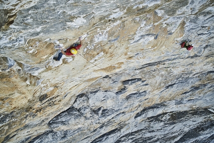 Eiger, Roger Schaeli, Mayan Smith-Gobat,  La vida es silbar - Roger Schaeli and Mayan Smith-Gobat making the second free ascent of 'La vida es silbar' (900m, Daniel Anker, Stephan Siegrist, 1988-1999. First free ascent: Stephan Siegrist, Ueli Steck 2003), Eiger North Face
